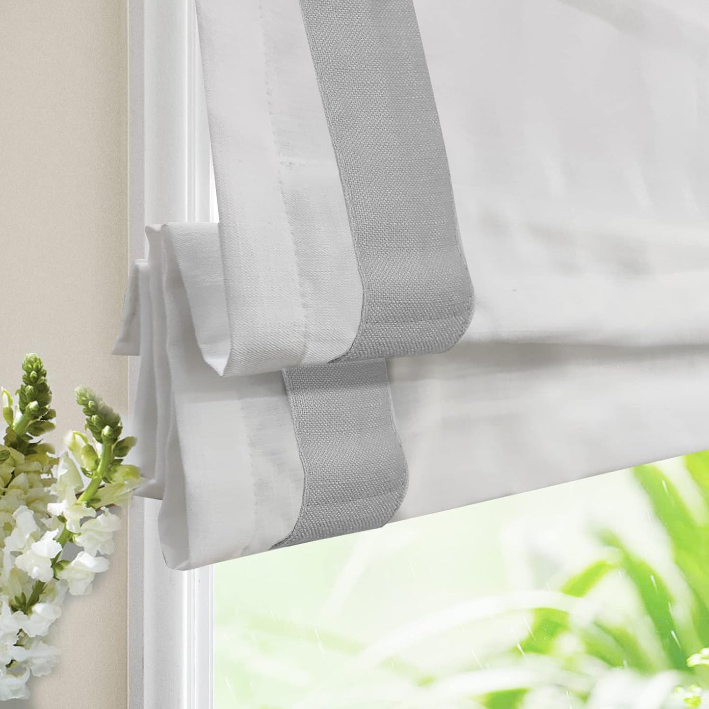 LANTIME No Tools No Drill Cordless Blackout Roman Shades Blinds, White Fabric Lined Custom Valanced Window Shades Blinds for Windows, French Doors, Kitchen Windows