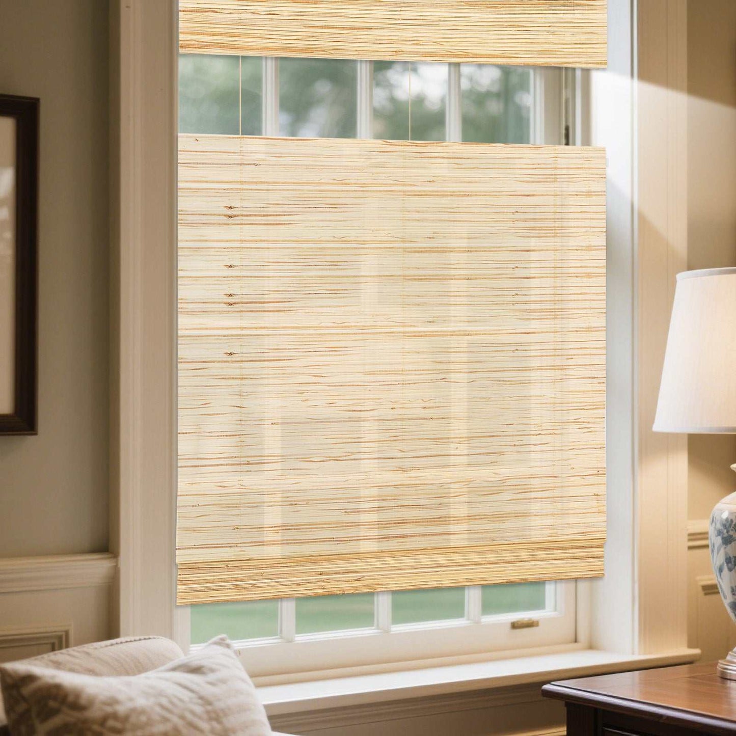 LANTIME Natural Linen bamboo Roman shade cordless top down bottom up window blind in natural linen material