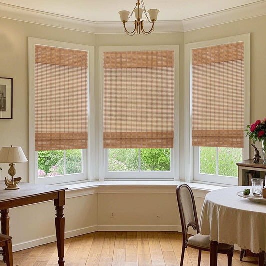Cordless bamboo Roman shade with light filtering and UV protection for inside and outside window mount
