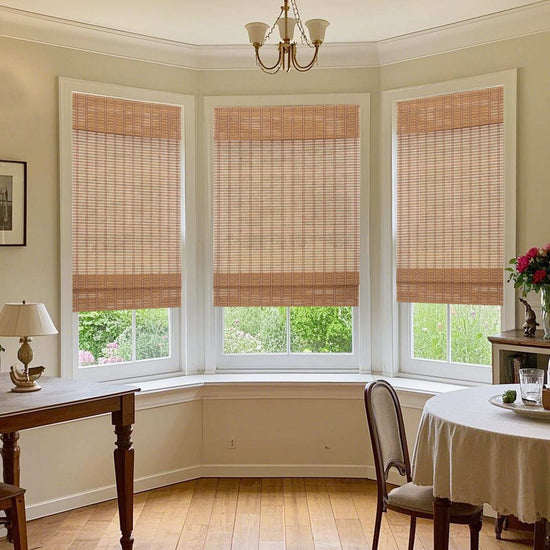 Cordless bamboo Roman shade with light filtering and UV protection for inside and outside window mount