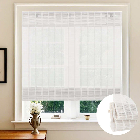 LANTIME Bamboo Woven Roman Shade cordless natural wood window covering with UV protection and woven bamboo texture