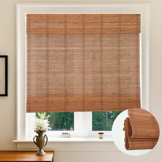 LANTIME Bamboo Woven cordless bamboo roman shade with matching valance filtering light and reducing sun glare