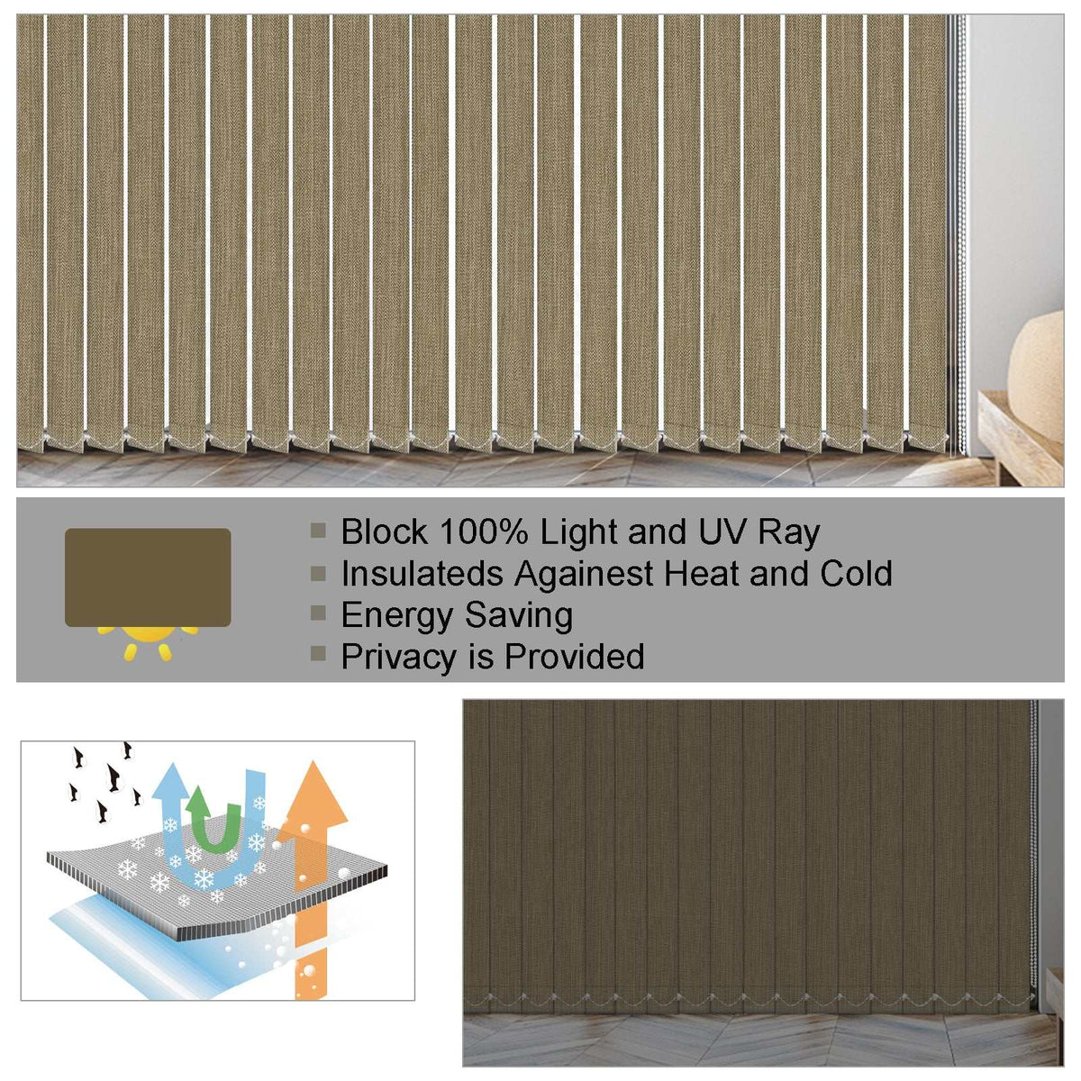 LANTIME Fabric Vertical Blinds 3.5-inch light filtering slats on large window