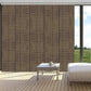 Blackout sliding panel blinds covering large sliding glass doors for privacy and light control