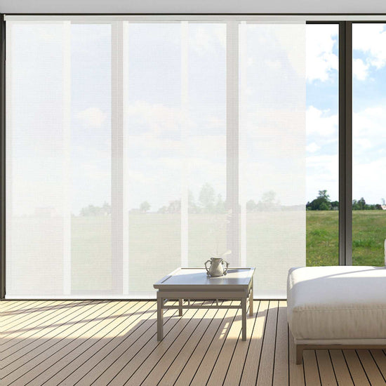 LANTIME sheer sliding panel blinds covering large window with light filtering and cordless design