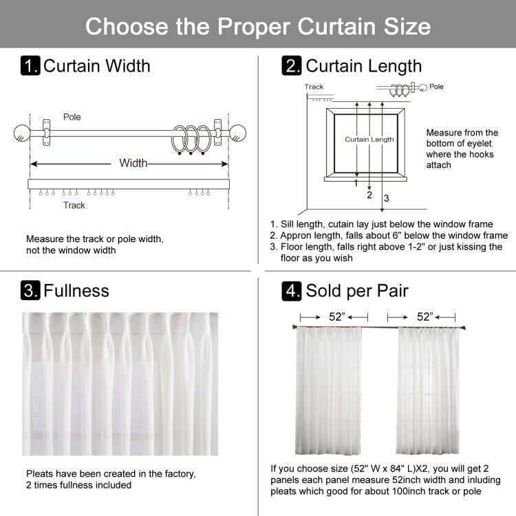 LANTIME Pinch Pleats Sheer Curtains, Semi Window Curtains Panels Drapery, Set of 2