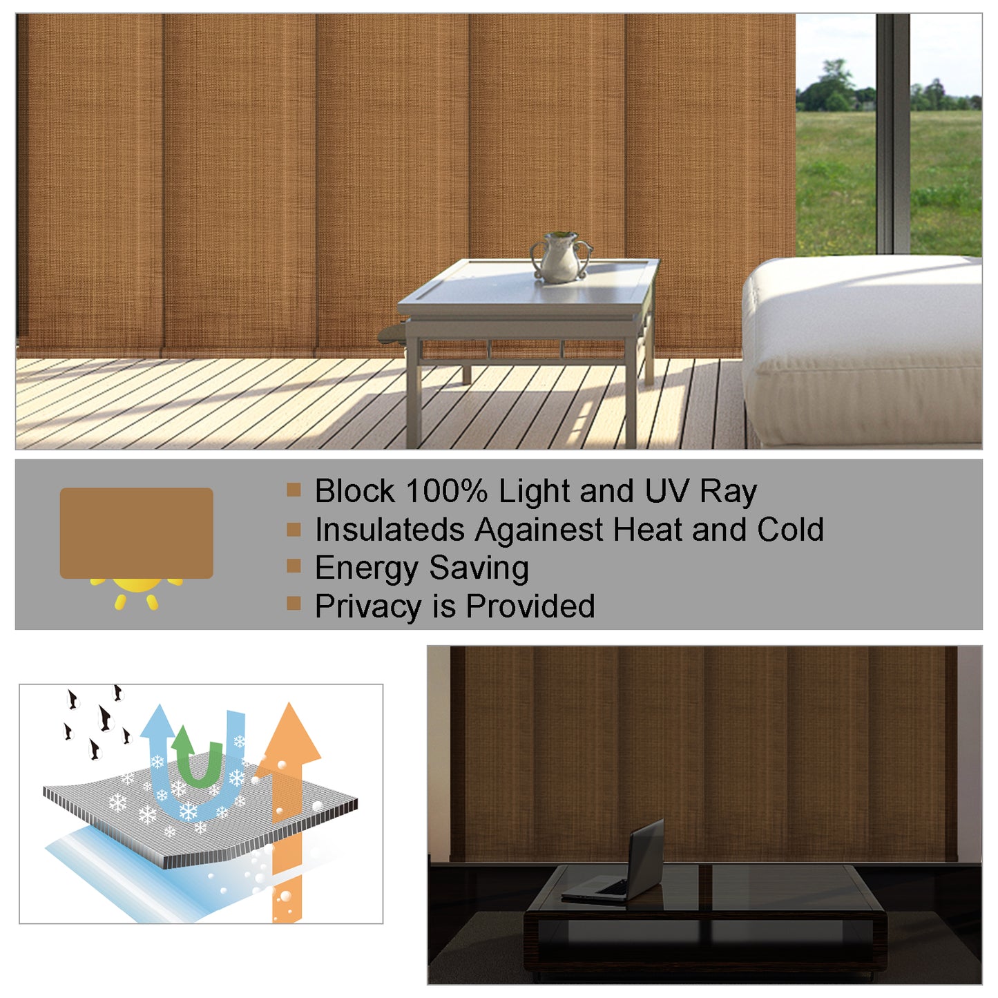Cordless Track Blinds Sliding Panels, 100% Blackout Made to Order Vertical Blinds for Sliding Doors, Large Windows, Open Spaces and Room Dividers