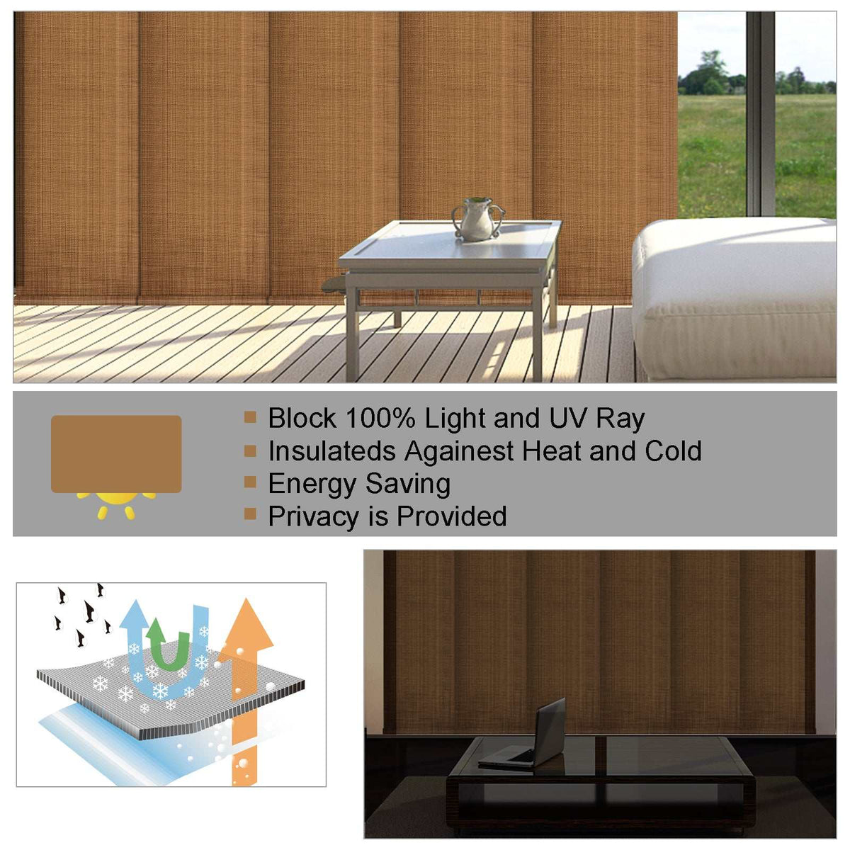 Blackout sliding panel blinds on track system for sliding doors with custom sizing