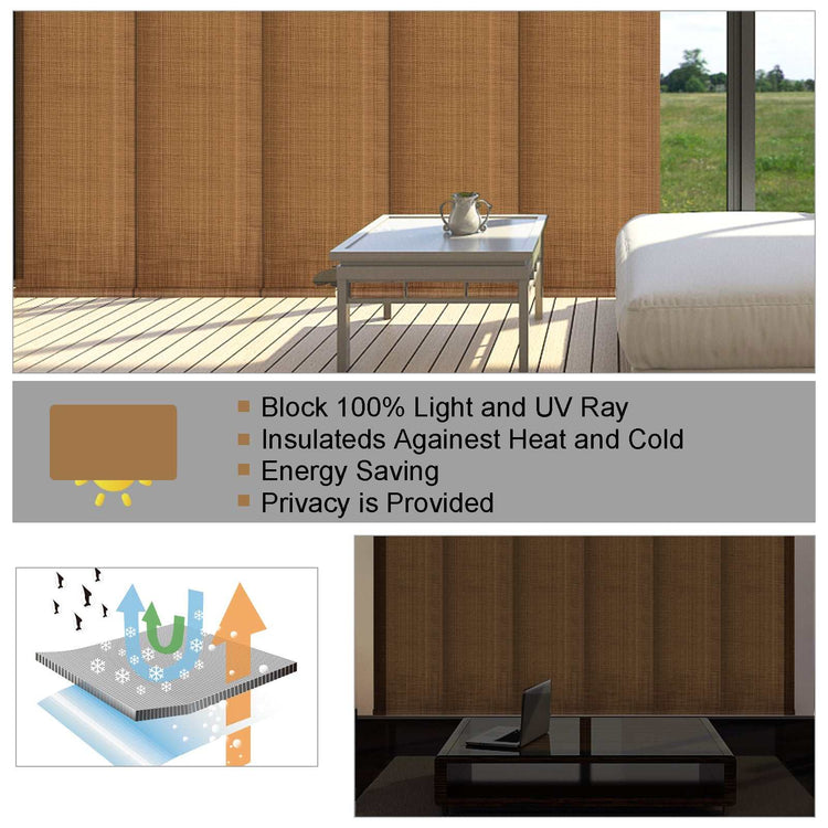 Blackout sliding panel blinds on track system for sliding doors with custom sizing