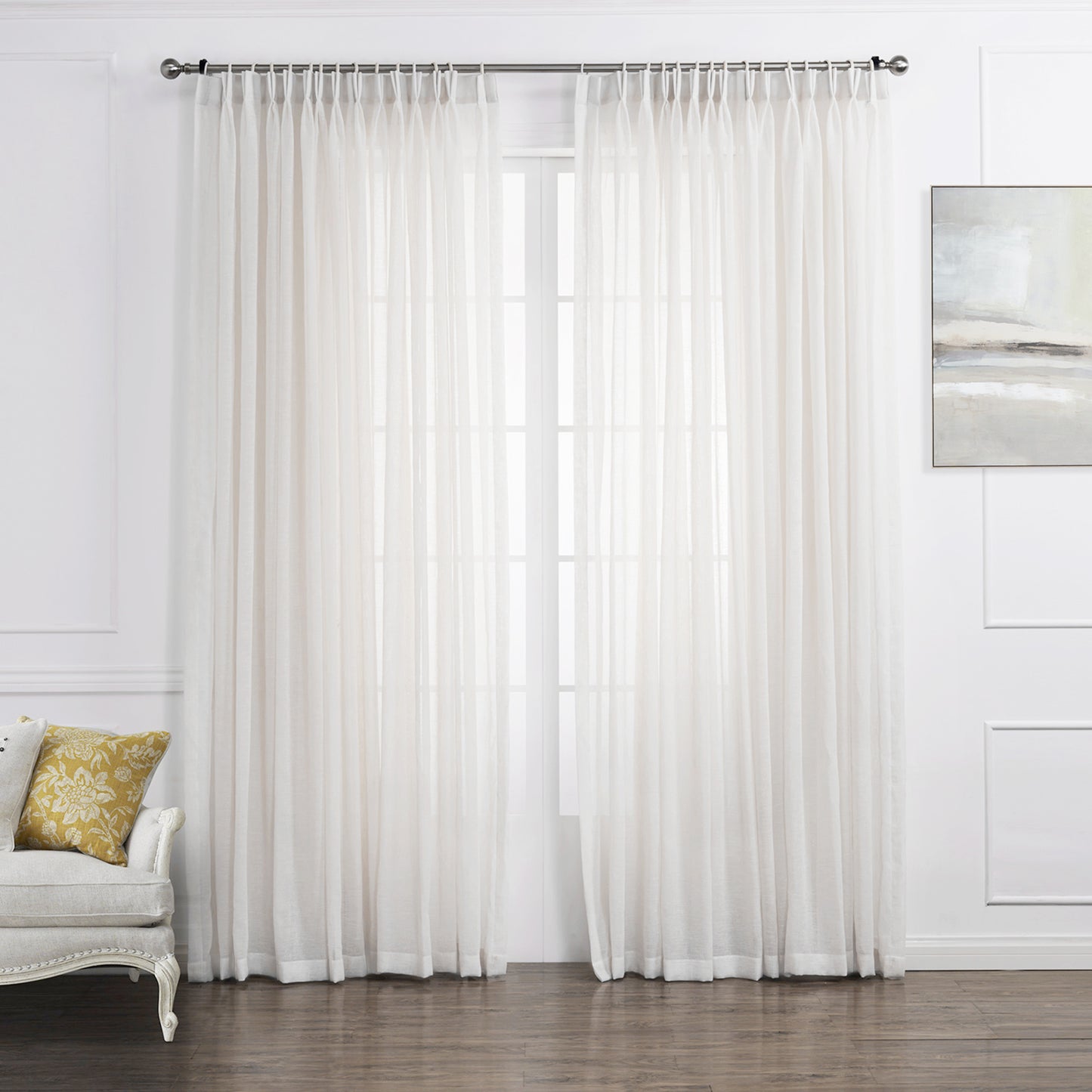 LANTIME Sheer Curtains , Faux Linen Double Pleats Window Sheer Curtains Panels Drapery for Home, Hotel, Office, Set of 2