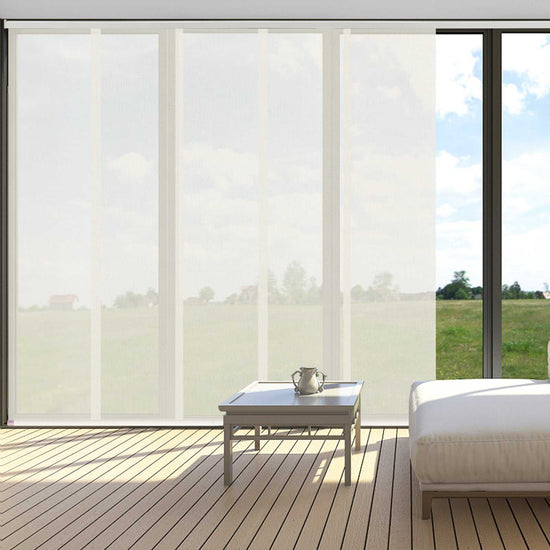 LANTIME sheer sliding panel blinds on large window, cordless light filtering fabric panels