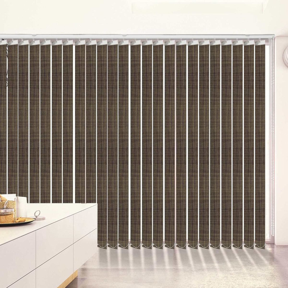 Blackout fabric vertical blinds with 3.5-inch slats for energy saving and custom window fitting