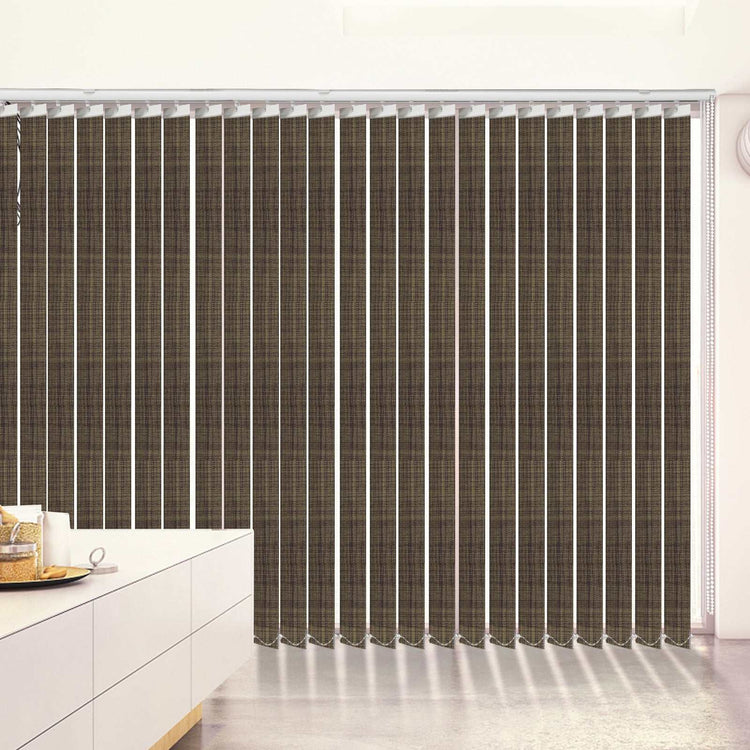Blackout fabric vertical blinds with 3.5-inch slats for energy saving and custom window fitting