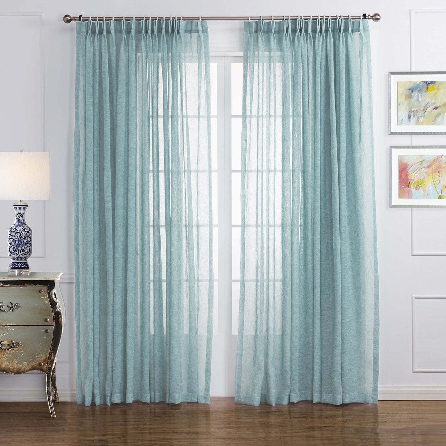 LANTIME Sheer Curtains , Faux Linen Double Pleats Window Sheer Curtains Panels Drapery for Home, Hotel, Office, Set of 2