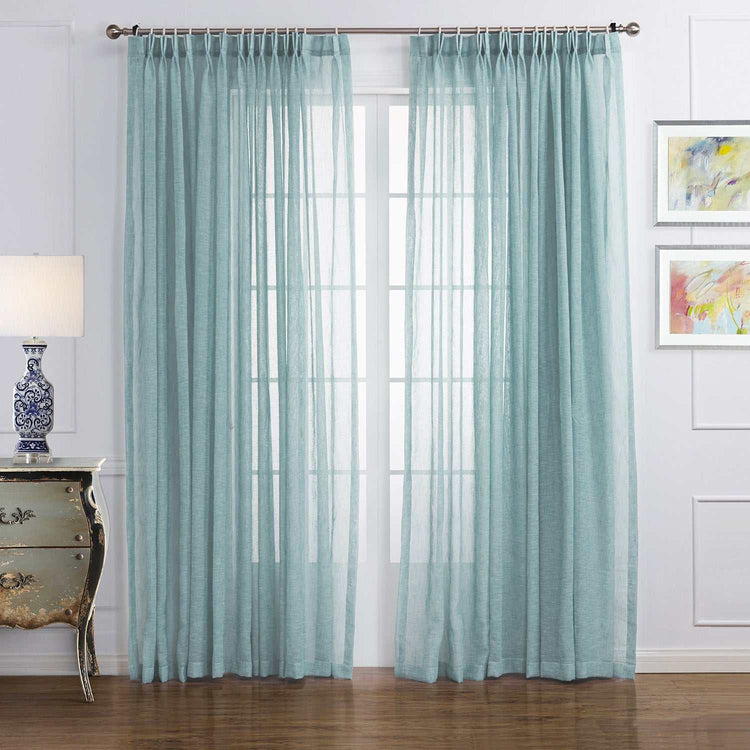 LANTIME Faux Linen Sheer Curtains with double pinch pleat in white, lightweight and semi-transparent fabric, set of 2 panels, custom length option, ideal for living rooms.