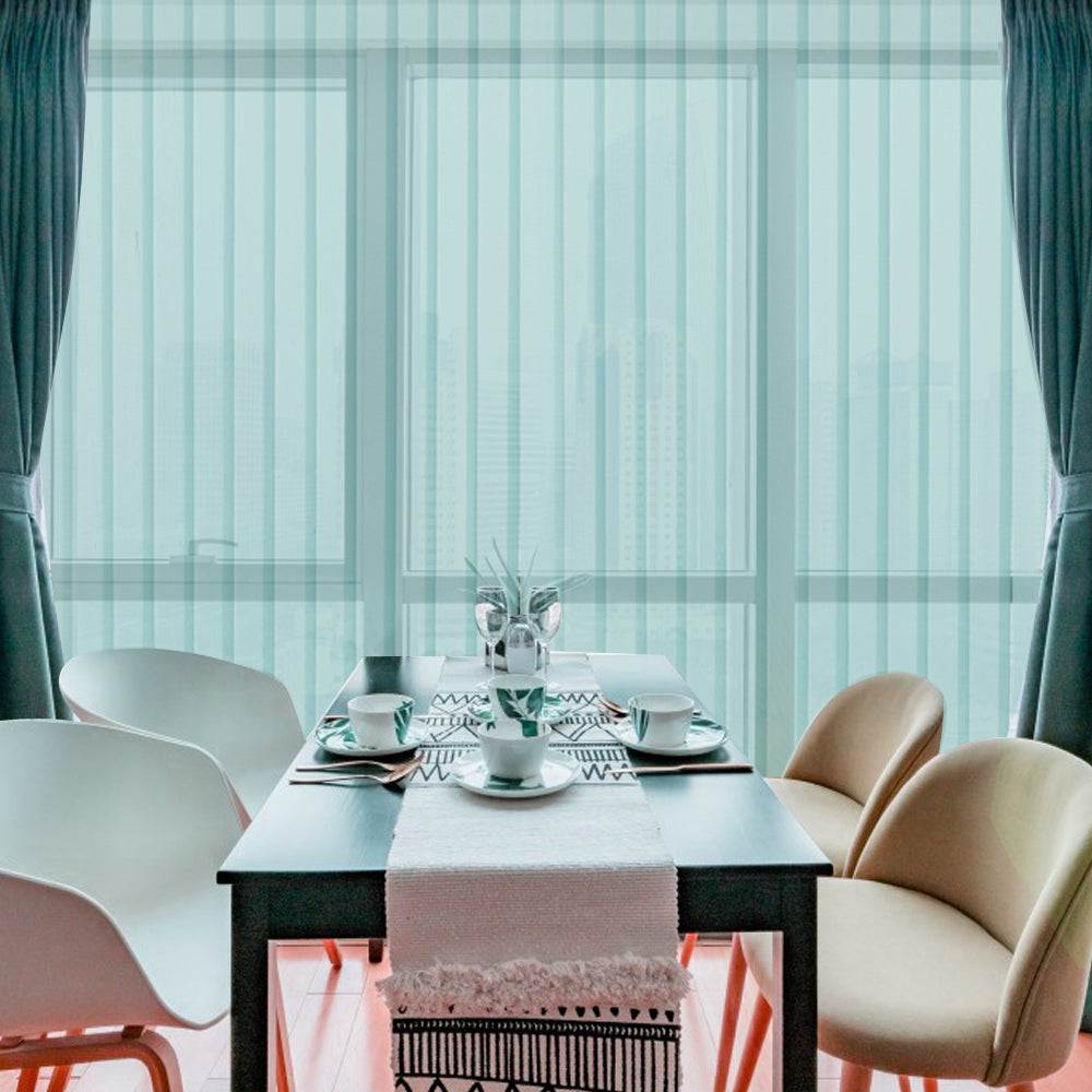 LANTIME Solar Mesh vertical blinds in beige with 5% openness for sliding doors, cordless design, UV protection, and sun glare reduction.