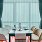 LANTIME Solar Mesh vertical blinds in beige with 5% openness for sliding doors, cordless design, UV protection, and sun glare reduction.