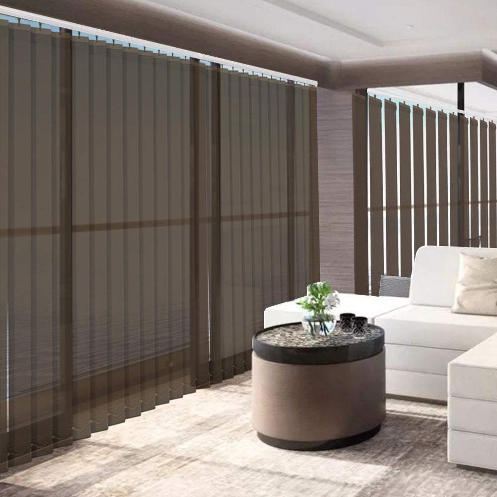 LANTIME Solar Mesh vertical blinds beige cordless 5% openness for sliding door with UV protection and sun glare reduction
