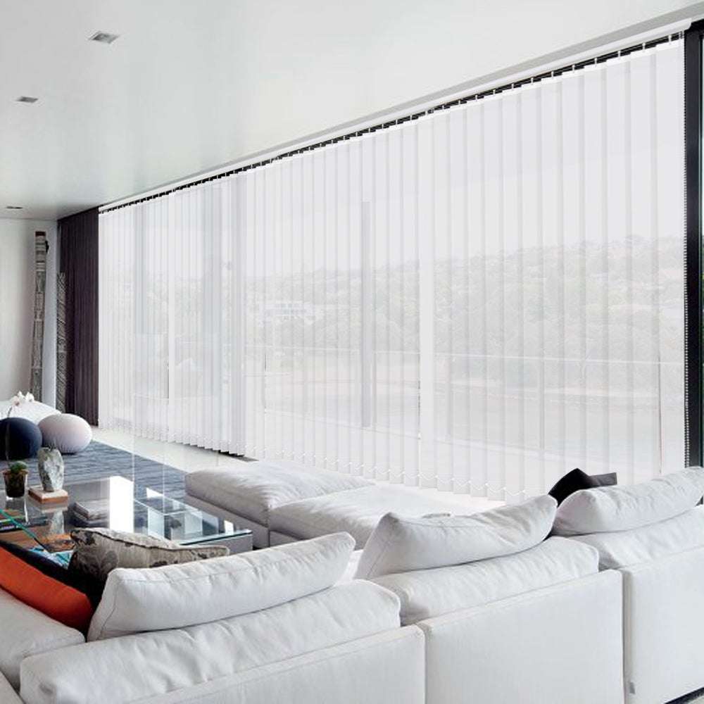 LANTIME Solar Mesh beige cordless vertical blinds with 5% openness on sliding door reducing sun glare and UV protection