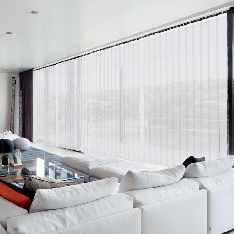 LANTIME Solar Mesh beige cordless vertical blinds with 5% openness on sliding door reducing sun glare and UV protection