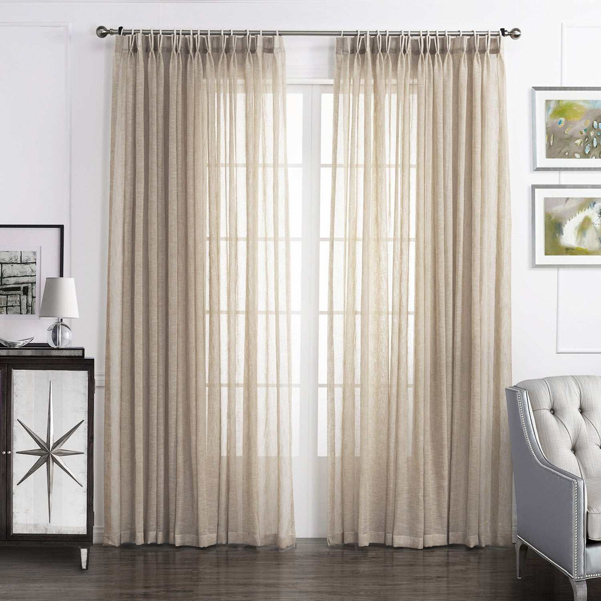 LANTIME Faux Linen Sheer Curtains double pinch pleat set of 2 with custom length and linen texture
