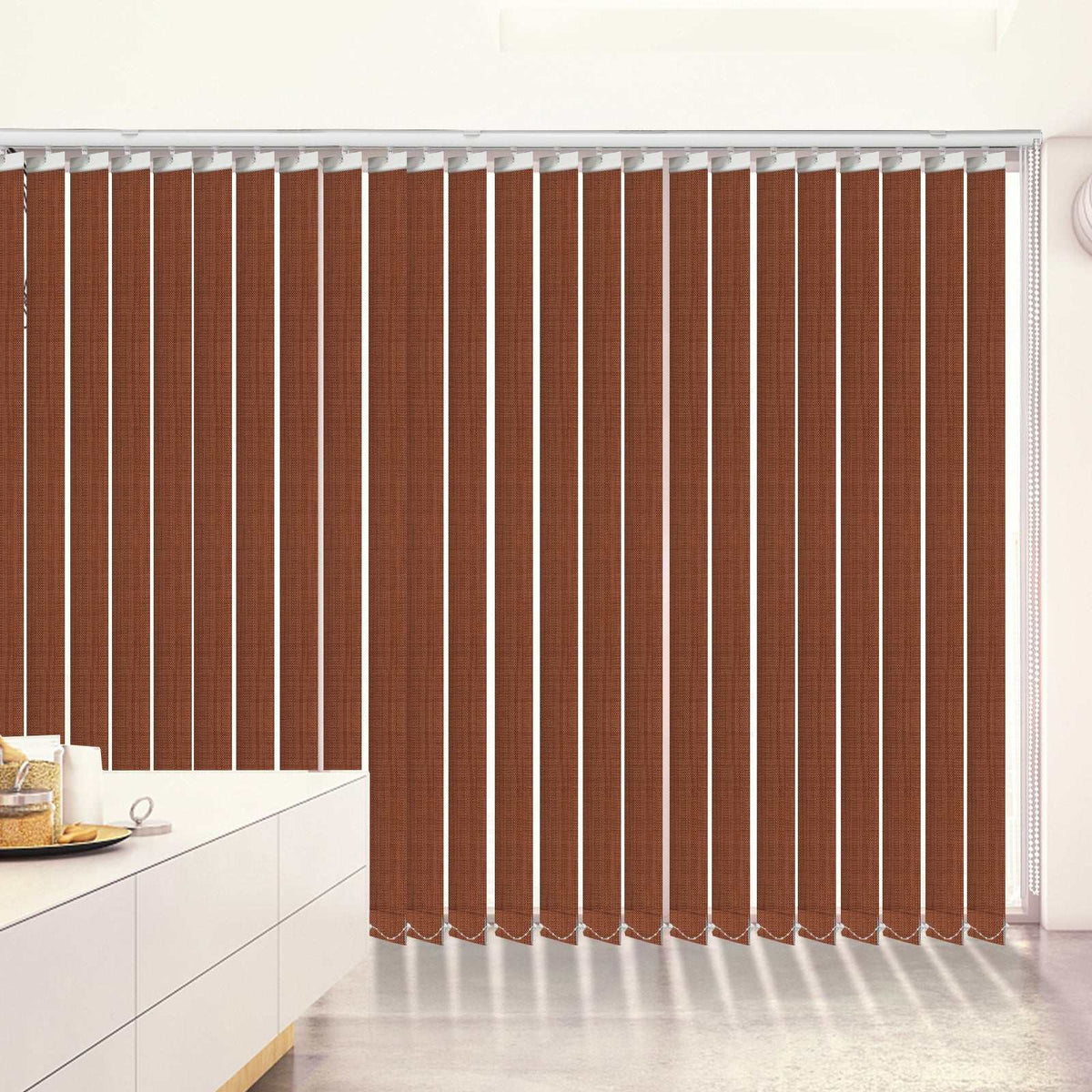Blackout fabric vertical blinds with 3.5-inch slats, energy-saving and custom made for windows and doors