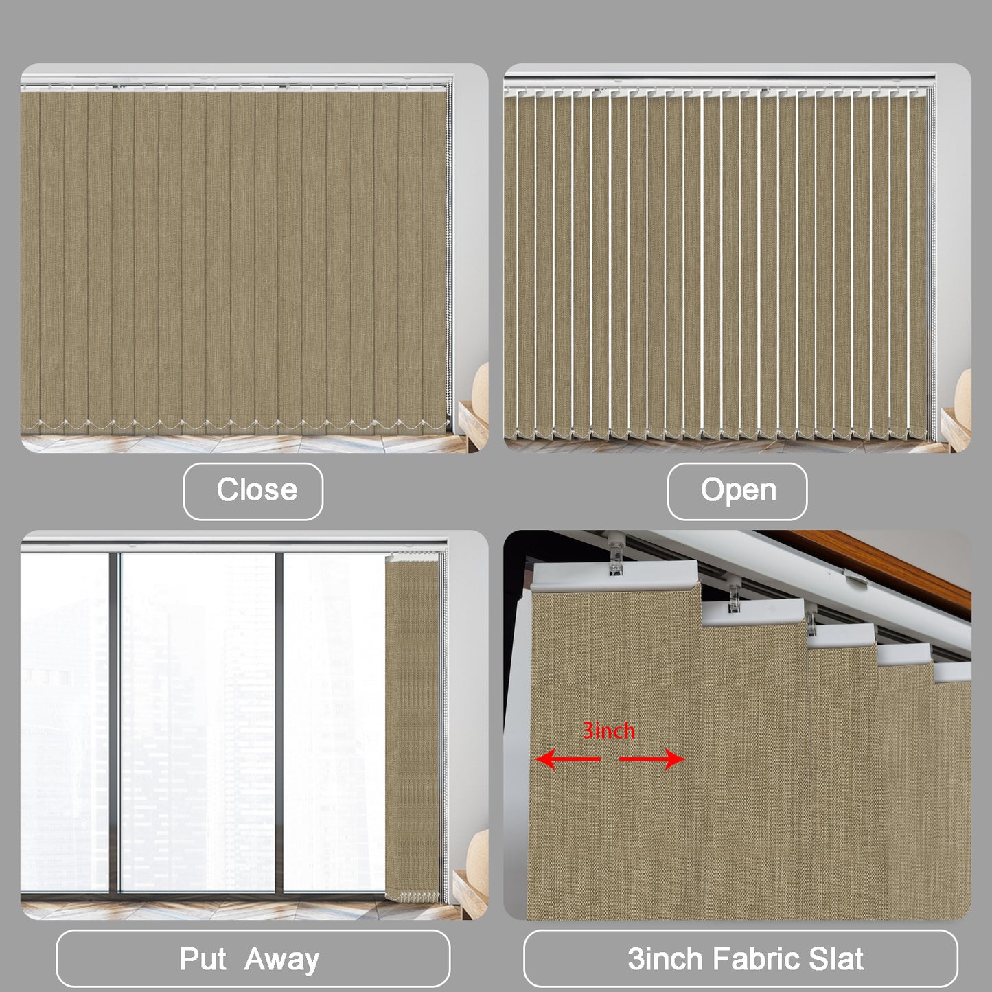 100% Blackout Fabric Vertical Window Shades, 3.5inch Slat Fabric Thermal Insulated Energy Saving UV Protection Decoration Vertical Window Blinds Valued