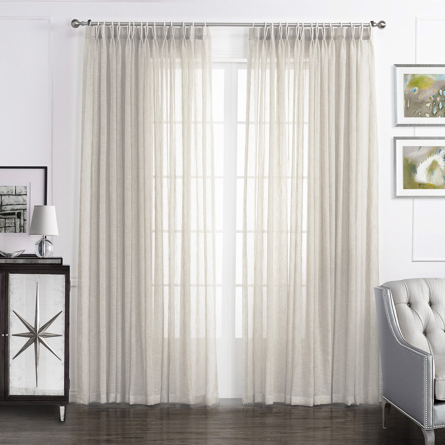 LANTIME Sheer Curtains , Faux Linen Double Pleats Window Sheer Curtains Panels Drapery for Home, Hotel, Office, Set of 2