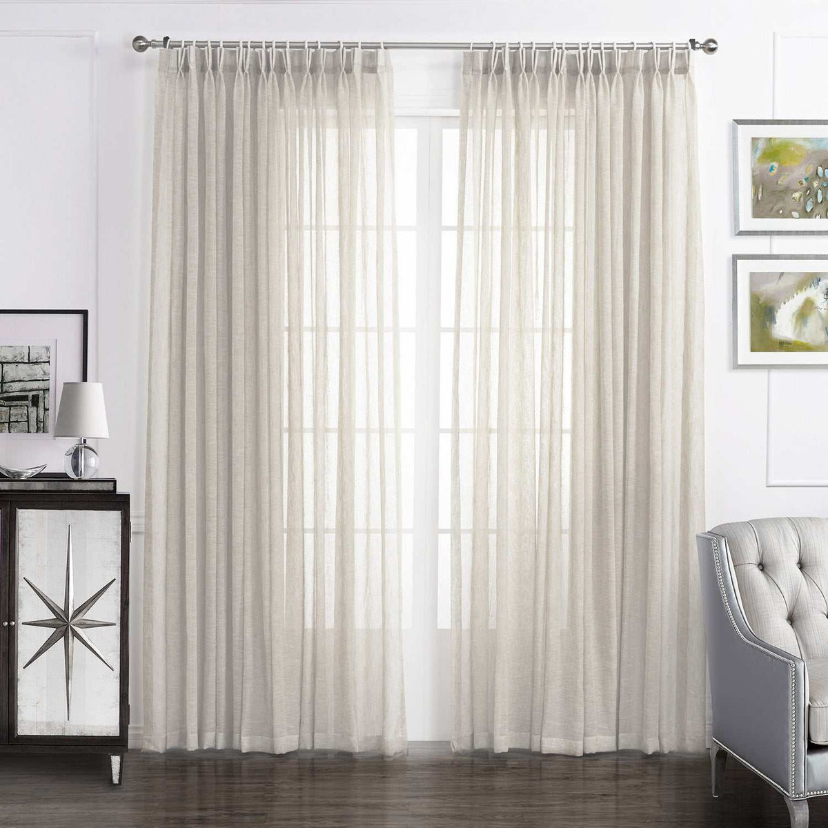 LANTIME Faux Linen Sheer Curtains double pinch pleat set of 2 with linen texture and UV protection