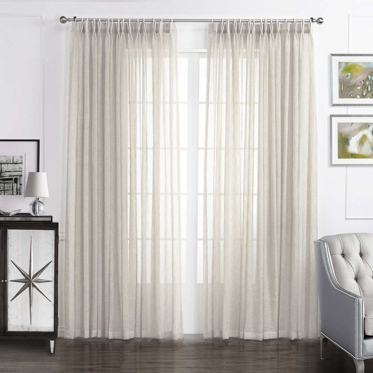 LANTIME Faux Linen Sheer Curtains double pinch pleat set of 2 with linen texture and UV protection