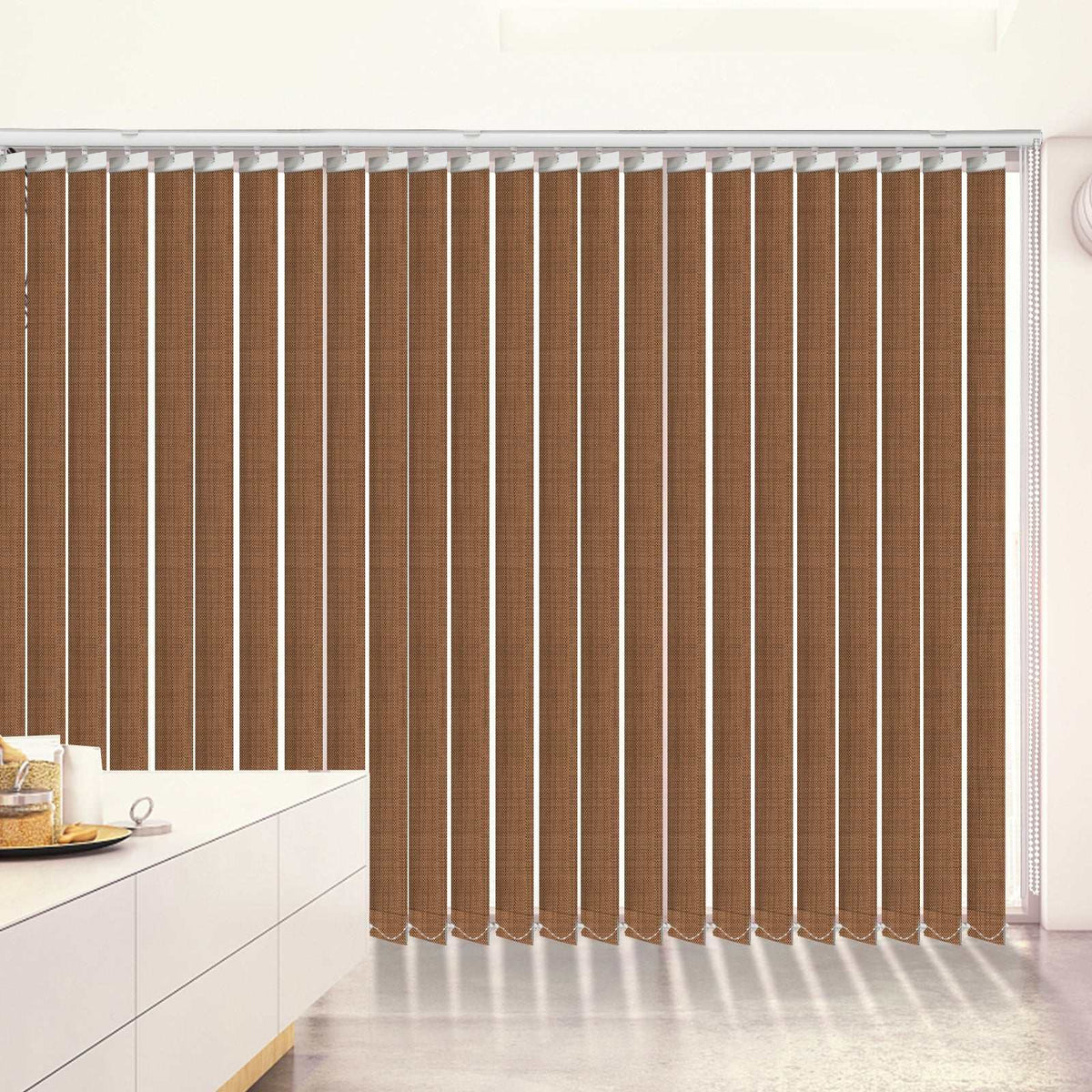 Blackout fabric vertical blinds with 3.5-inch slats for energy saving and custom sizing