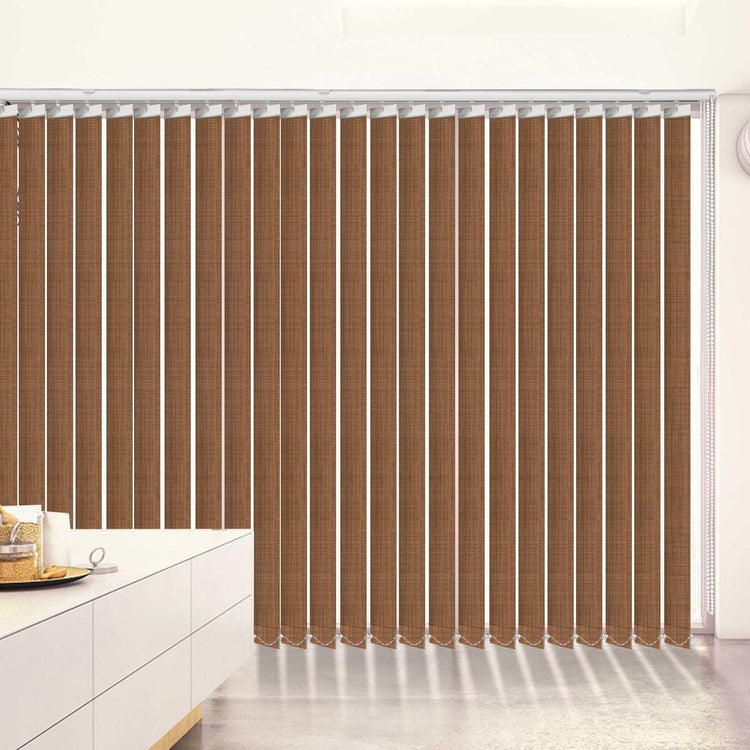 Blackout fabric vertical blinds with 3.5-inch slats for energy saving and custom sizing
