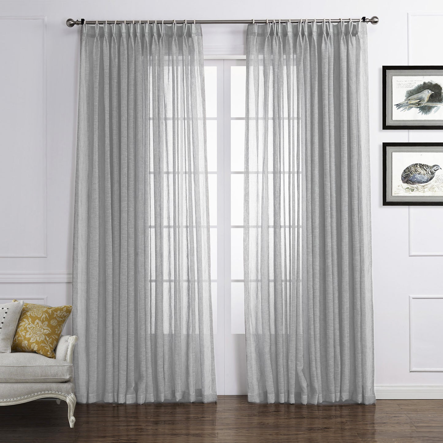 LANTIME Sheer Curtains , Faux Linen Double Pleats Window Sheer Curtains Panels Drapery for Home, Hotel, Office, Set of 2