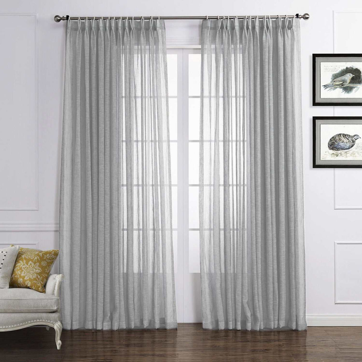 LANTIME faux linen sheer curtains double pinch pleat set of 2 hanging in window with soft natural light filtering through