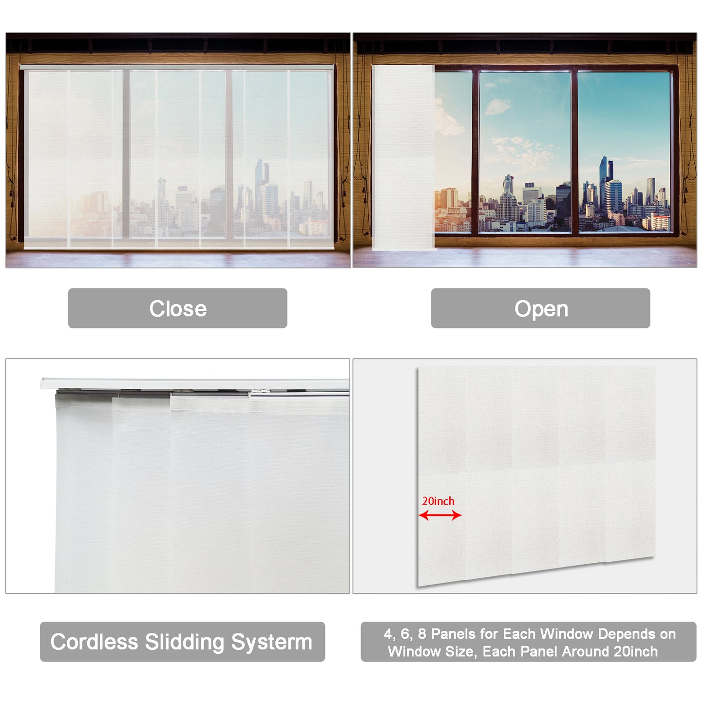 Cordless Sliding Panels Track Blinds, Sheer Fabric Light Fitering, Reduce Sun Glare, UV Protection Vertical Blinds for Large Windows, Sliding Doors, Open Spaces and Room Dividers