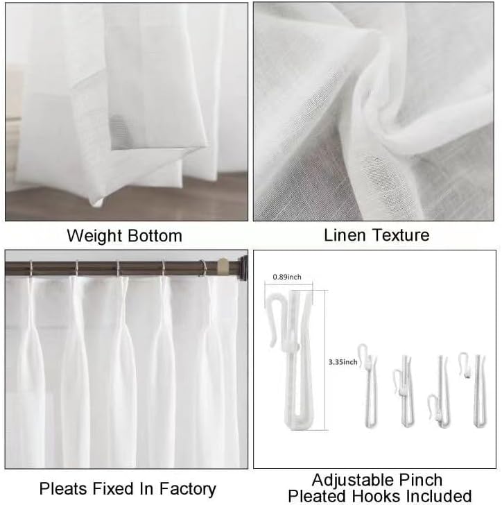 LANTIME Pinch Pleats Sheer Curtains, Semi Window Curtains Panels Drapery, Set of 2