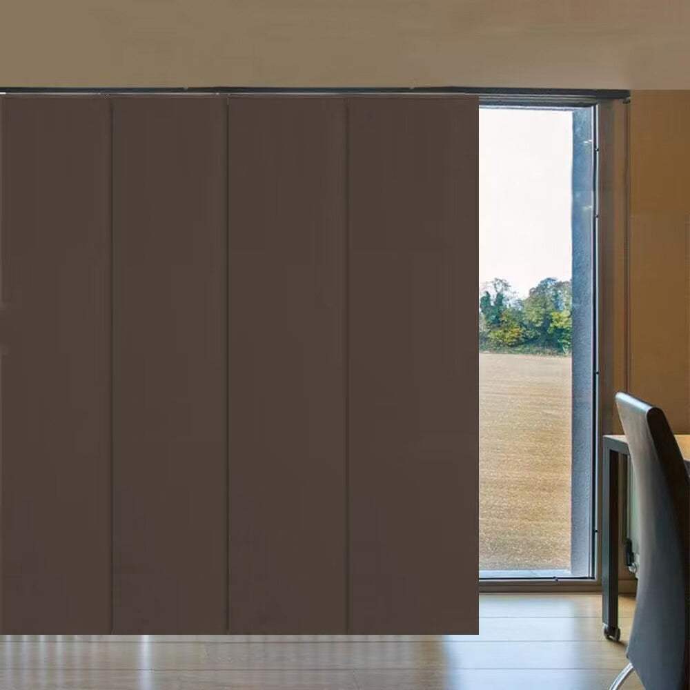 Blackout sliding panel blinds on large window sliding door providing privacy and light control