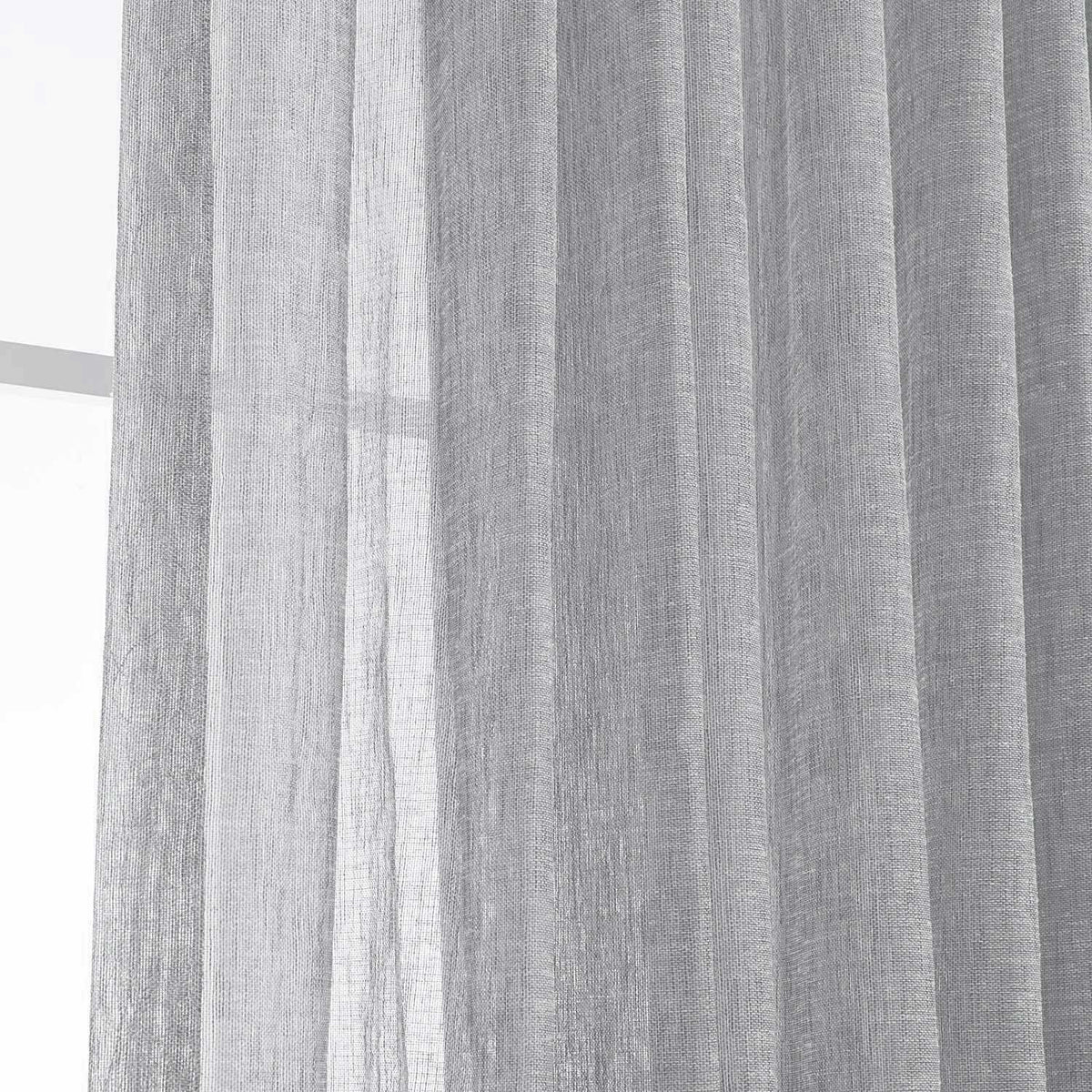 LANTIME Faux Linen Sheer Curtains set of 2 with double pinch pleat and custom length, linen texture, UV protection, and transparency for daytime outdoor view and nighttime privacy.