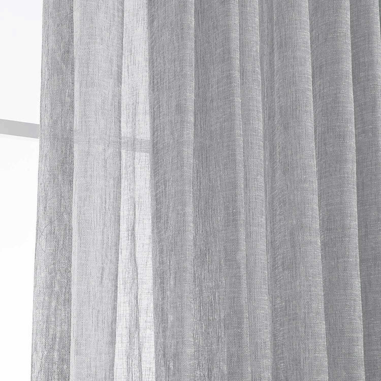 LANTIME Faux Linen Sheer Curtains set of 2 with double pinch pleat and custom length, linen texture, UV protection, and transparency for daytime outdoor view and nighttime privacy.