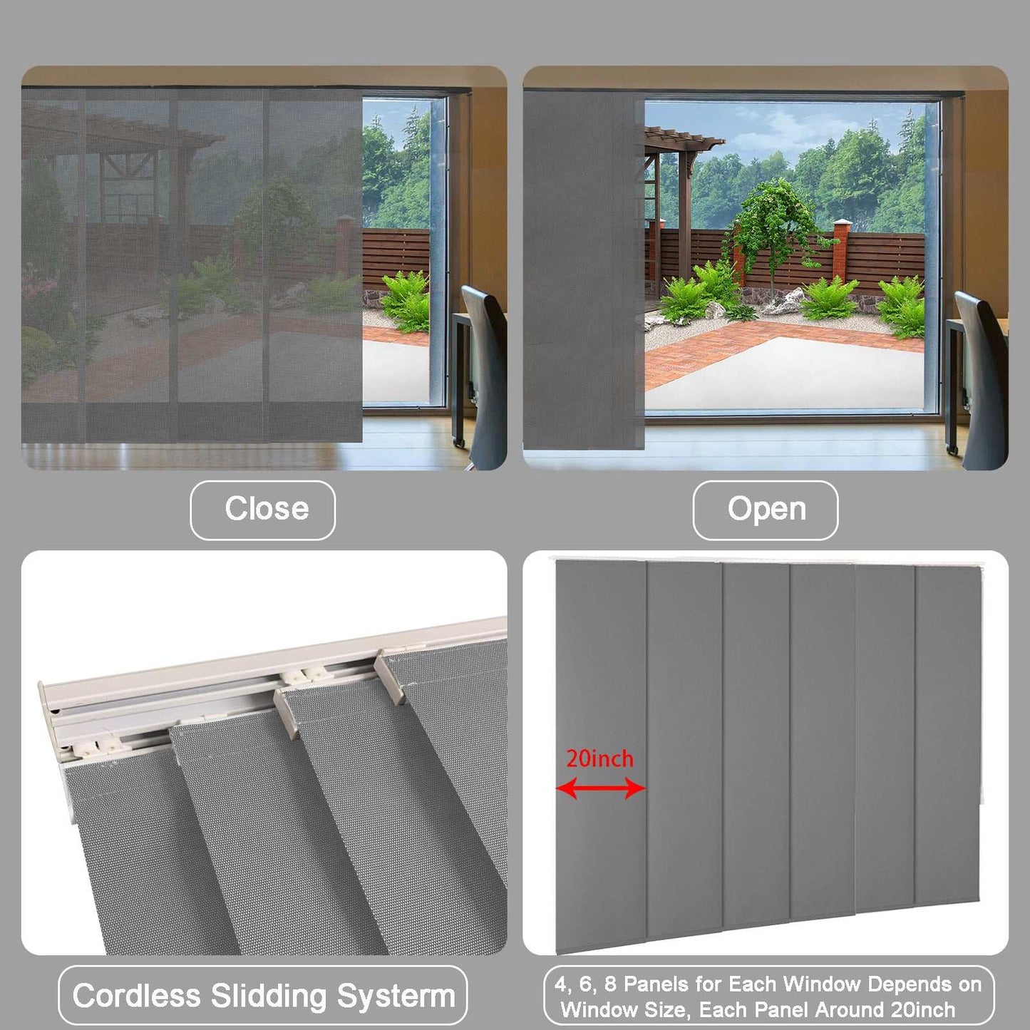 Cordless sliding panel blind system shown open and closed