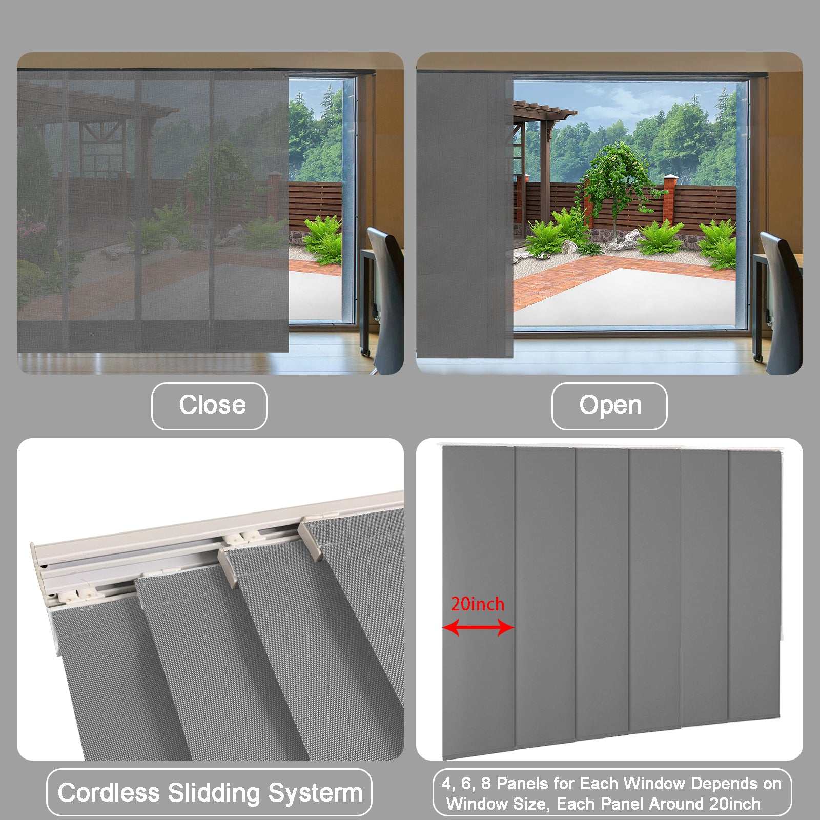 Cordless sliding panel blind system shown open and closed