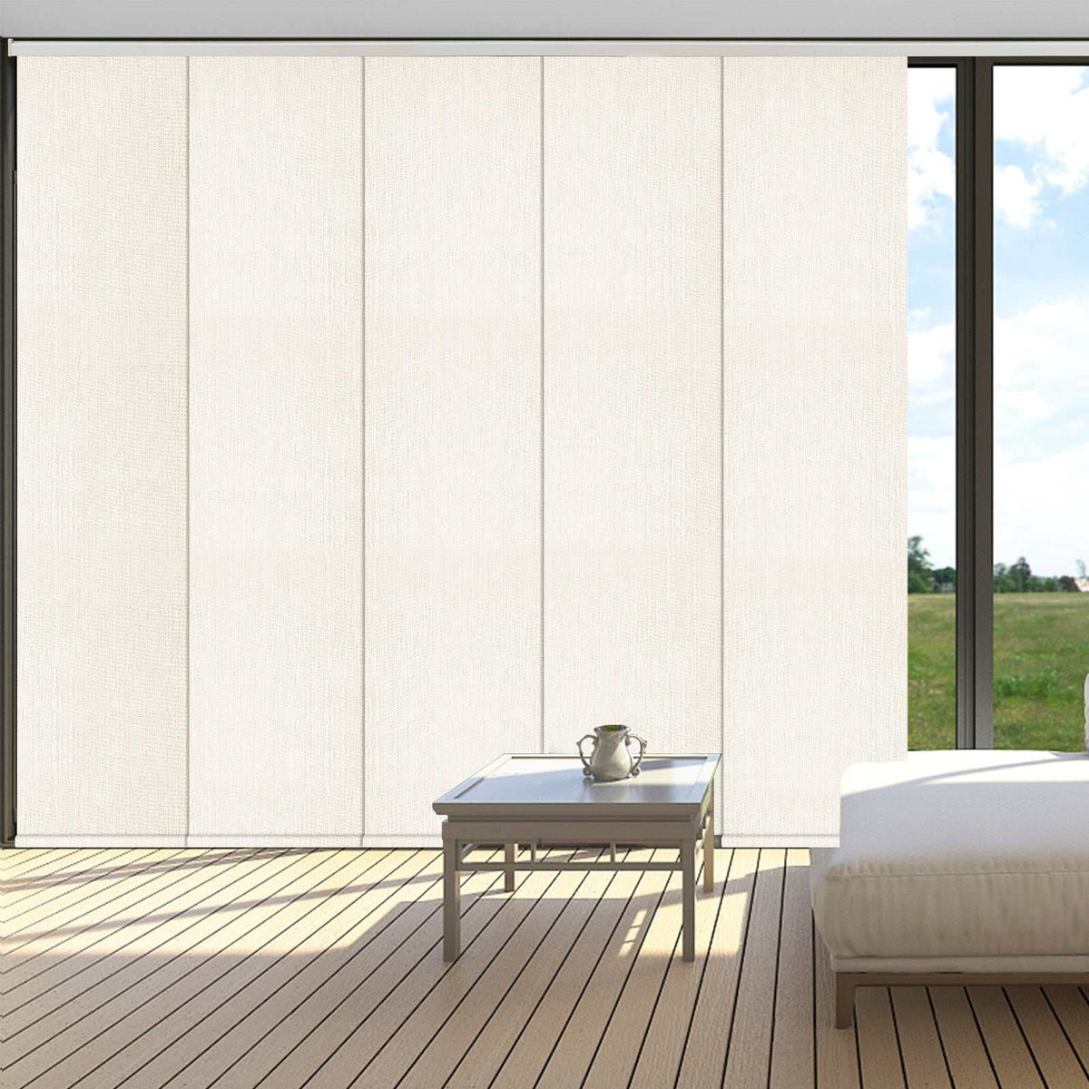 Modern cordless blackout sliding panel blinds on large window for light control and privacy