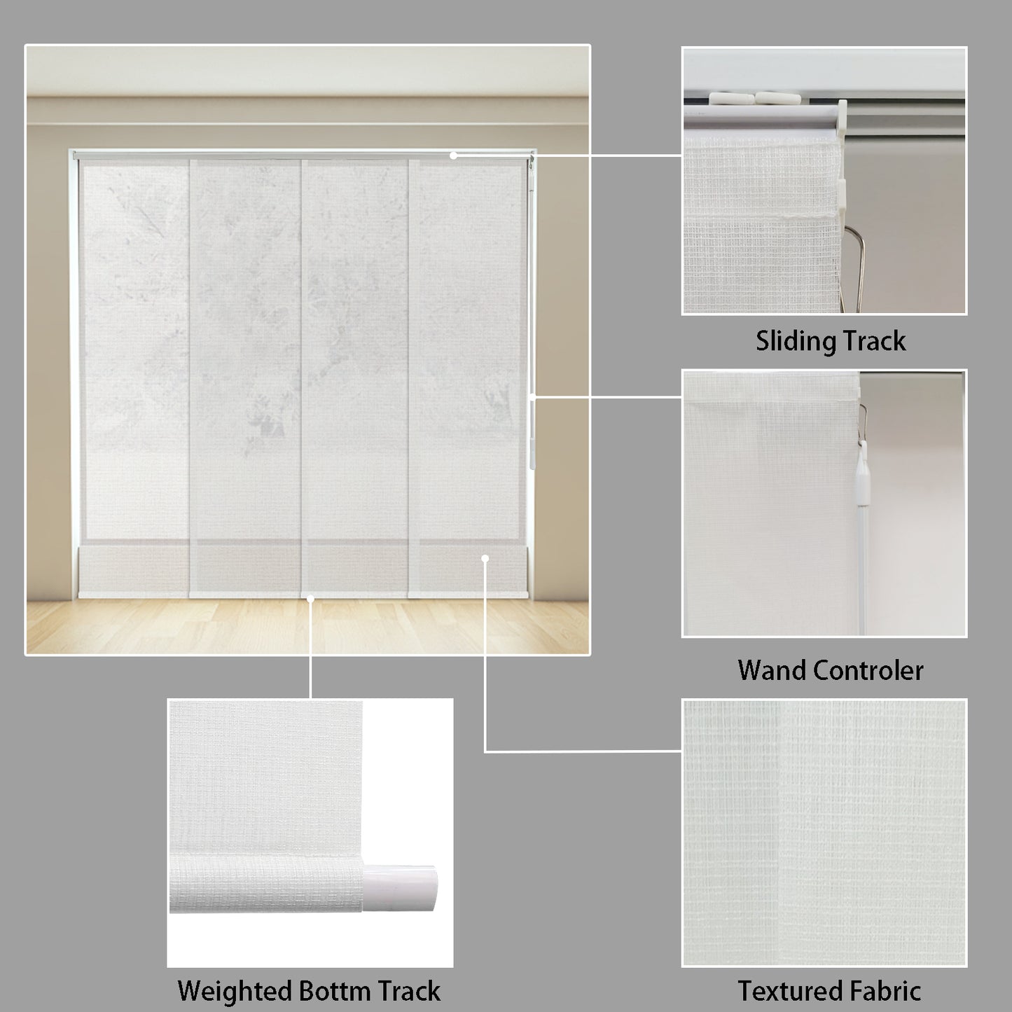 Cordless Sliding Panels Track Blinds, Sheer Fabric Light Fitering, Reduce Sun Glare, UV Protection Vertical Blinds for Large Windows, Sliding Doors, Open Spaces and Room Dividers