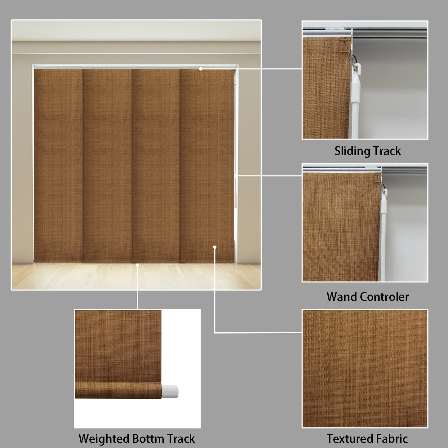 Cordless Track Blinds Sliding Panels, 100% Blackout Made to Order Vertical Blinds for Sliding Doors, Large Windows, Open Spaces and Room Dividers