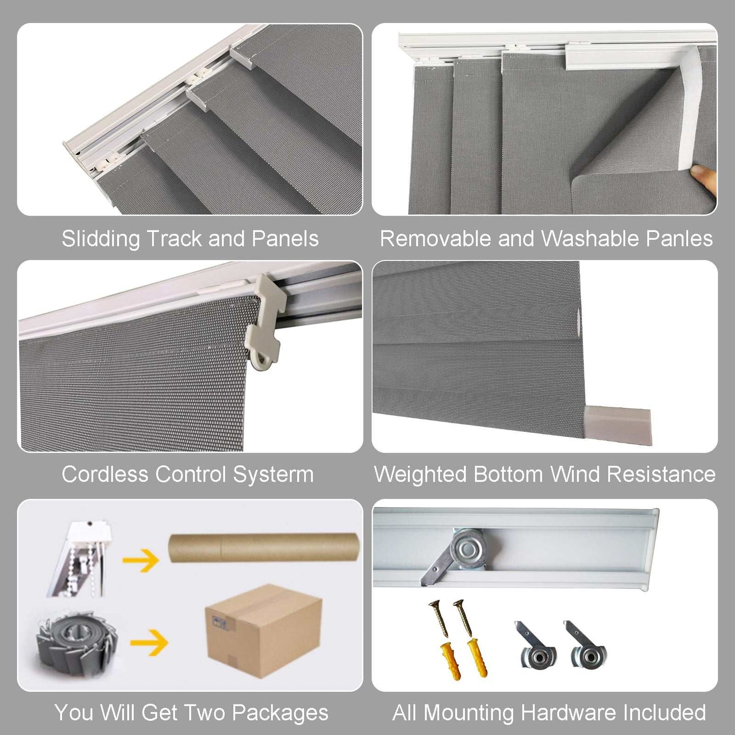 Sliding panel blind components, hardware and packaging