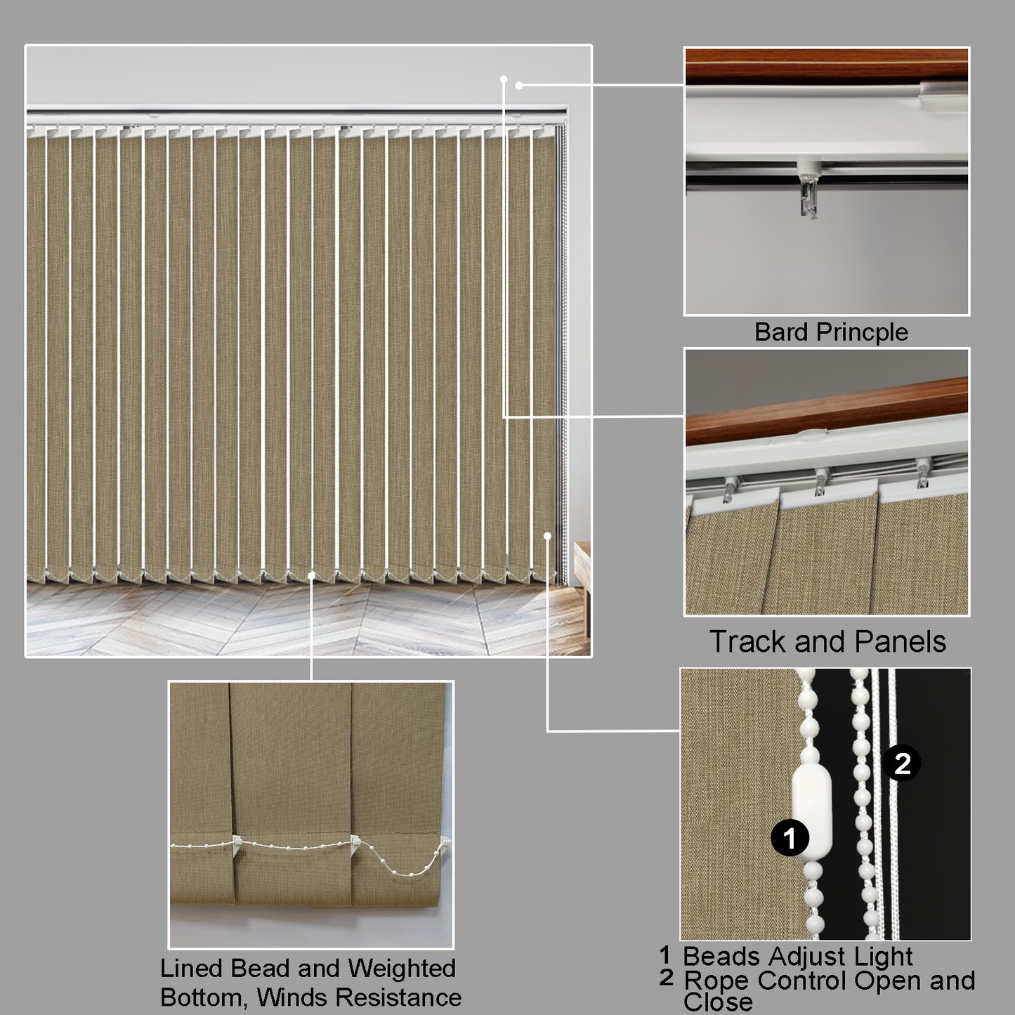 100% Blackout Fabric Vertical Window Shades, 3.5inch Slat Fabric Thermal Insulated Energy Saving UV Protection Decoration Vertical Window Blinds Valued