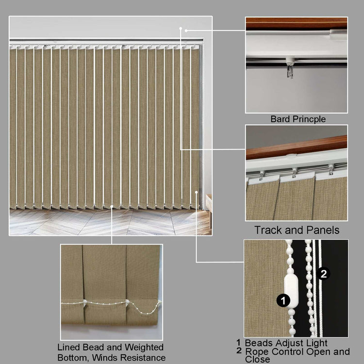 LANTIME Fabric Vertical Blinds 3.5 inch light filtering slats on a large window