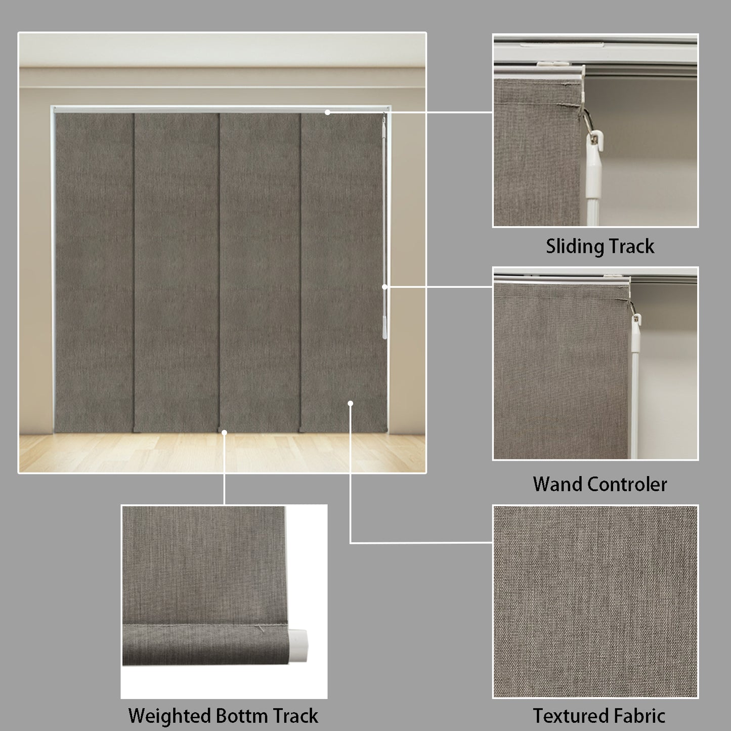 Cordless Track Blinds Sliding Panels, 100% Blackout Made to Order Vertical Blinds for Sliding Doors, Large Windows, Open Spaces and Room Dividers