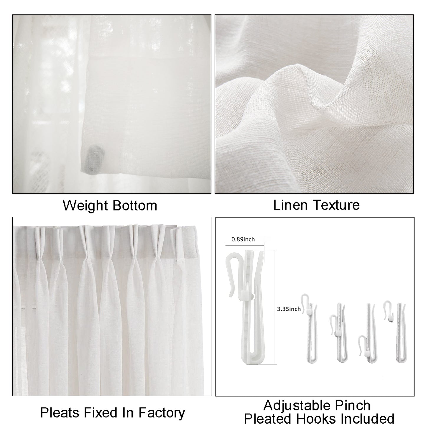 LANTIME Sheer Curtains , Faux Linen Double Pleats Window Sheer Curtains Panels Drapery for Home, Hotel, Office, Set of 2