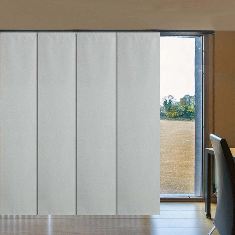 Blackout sliding panel blinds on large window sliding track for privacy and light control